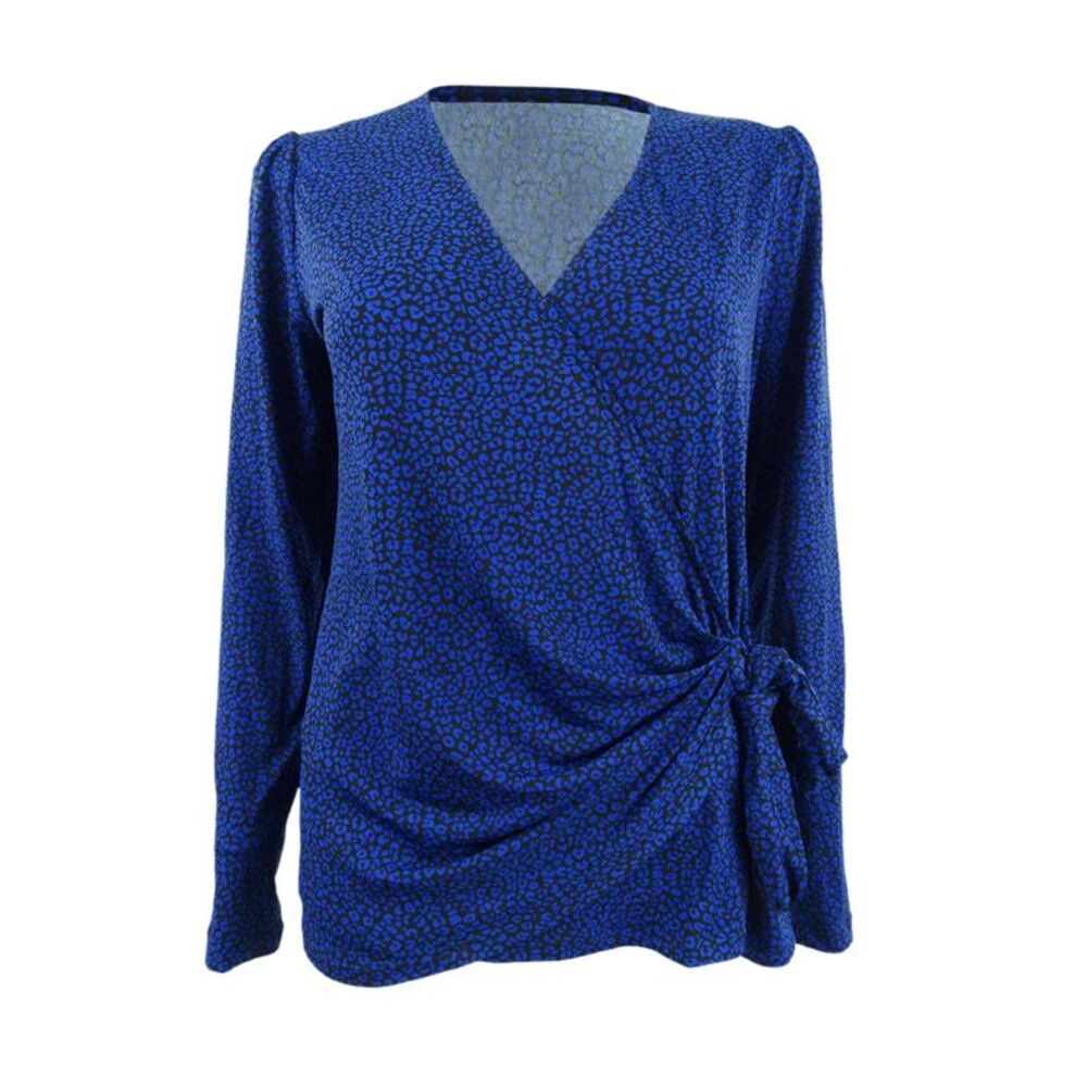 Michael Michael Kors Women's Printed Wrap Top (S, Black/Twilight Blue)